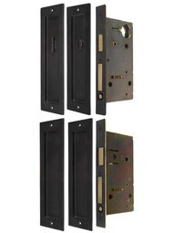Solid Bronze Double Pocket Door Mortise-Lock Set with Rectangular Pulls.